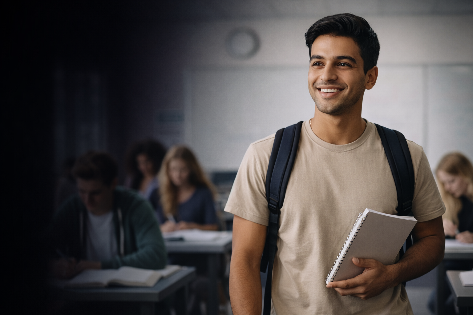 College student smiling with a notebook before class.
